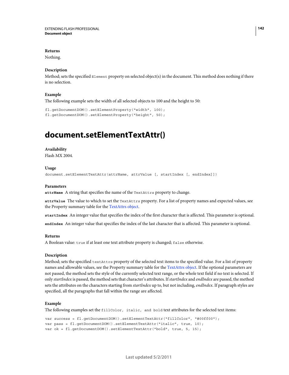 Document.setelementtextattr() | Adobe Extending Flash Professional CS5 User Manual | Page 164 / 565