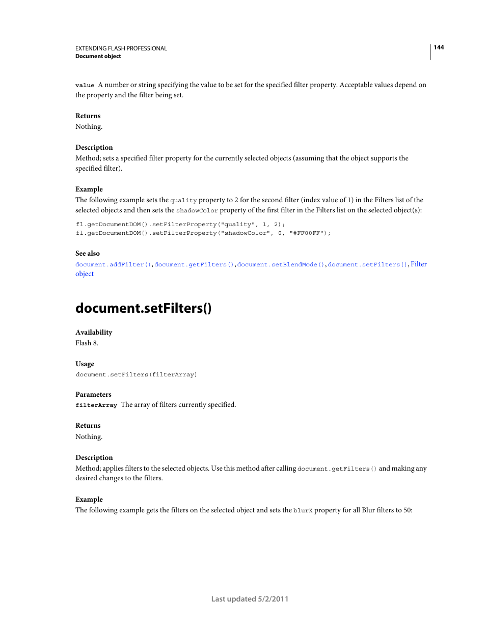 Document.setfilters() | Adobe Extending Flash Professional CS5 User Manual | Page 166 / 565