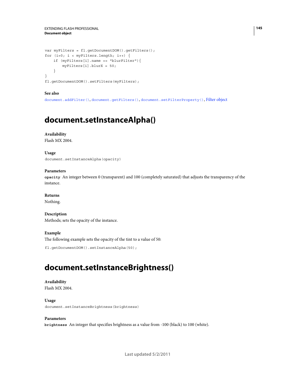 Document.setinstancealpha(), Document.setinstancebrightness() | Adobe Extending Flash Professional CS5 User Manual | Page 167 / 565