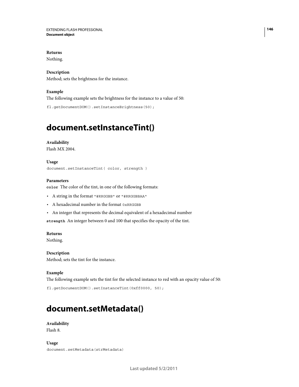 Document.setinstancetint(), Document.setmetadata() | Adobe Extending Flash Professional CS5 User Manual | Page 168 / 565