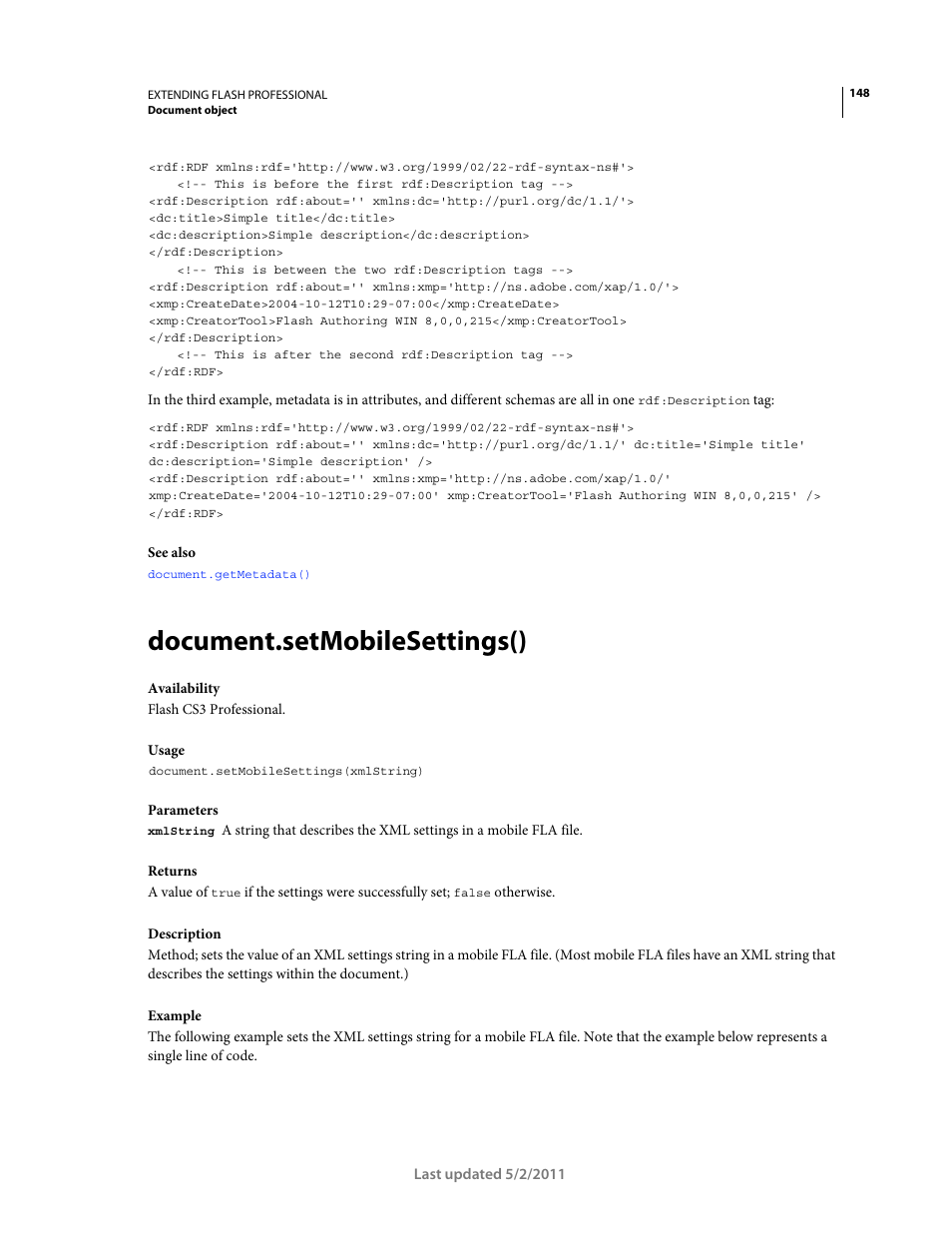 Document.setmobilesettings() | Adobe Extending Flash Professional CS5 User Manual | Page 170 / 565