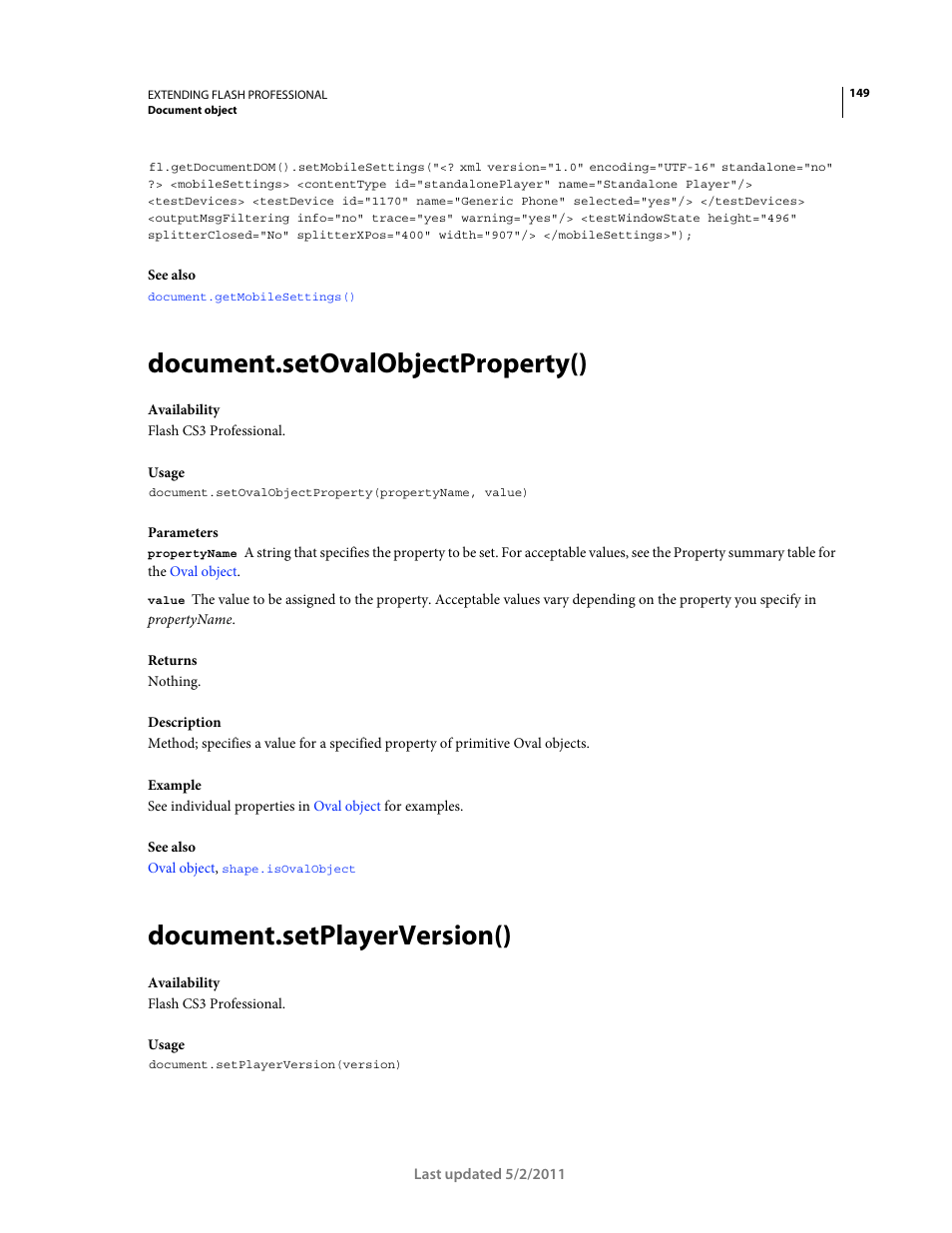 Document.setovalobjectproperty(), Document.setplayerversion() | Adobe Extending Flash Professional CS5 User Manual | Page 171 / 565