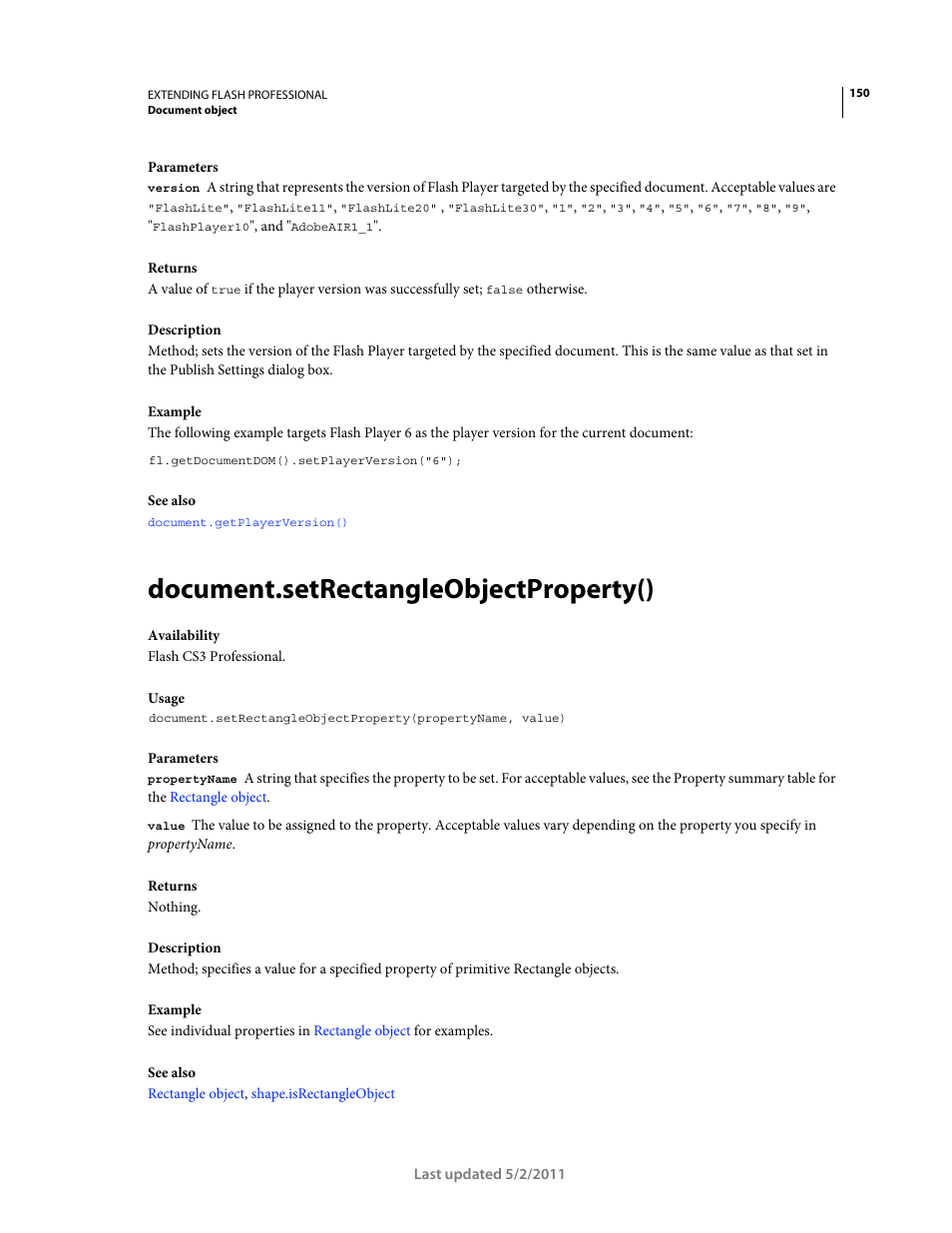 Document.setrectangleobjectproperty() | Adobe Extending Flash Professional CS5 User Manual | Page 172 / 565