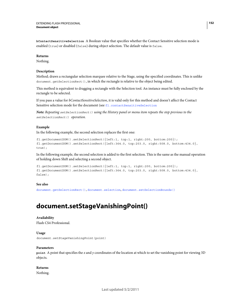 Document.setstagevanishingpoint() | Adobe Extending Flash Professional CS5 User Manual | Page 174 / 565