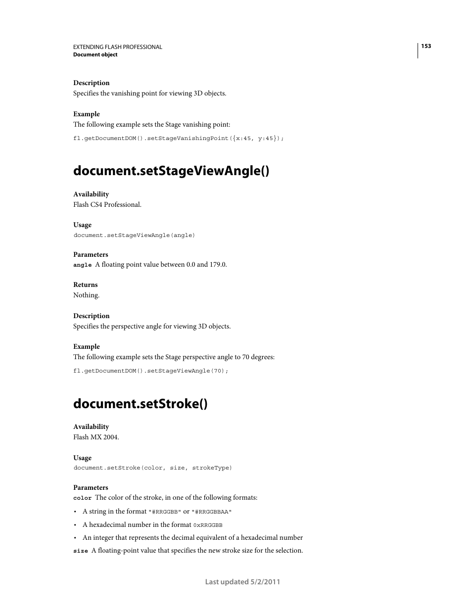 Document.setstageviewangle(), Document.setstroke() | Adobe Extending Flash Professional CS5 User Manual | Page 175 / 565