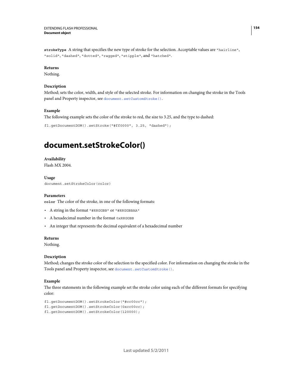 Document.setstrokecolor() | Adobe Extending Flash Professional CS5 User Manual | Page 176 / 565