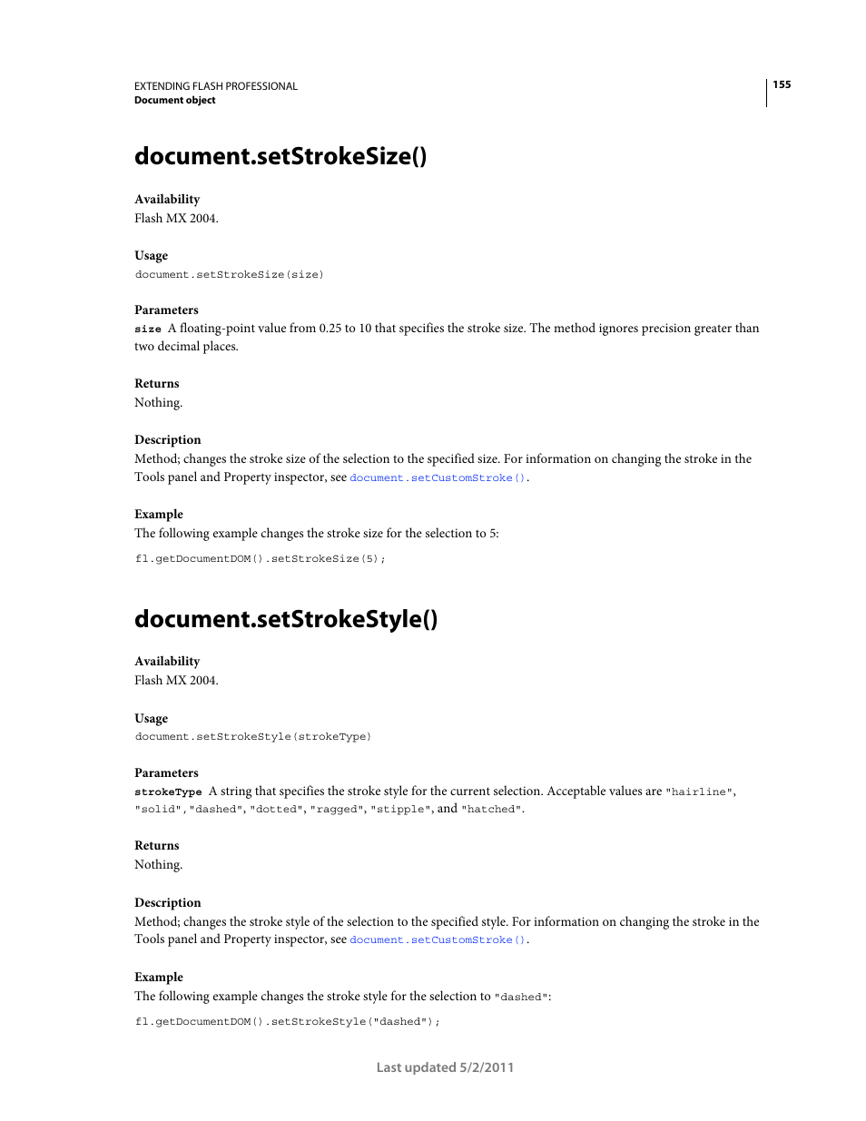 Document.setstrokesize(), Document.setstrokestyle() | Adobe Extending Flash Professional CS5 User Manual | Page 177 / 565