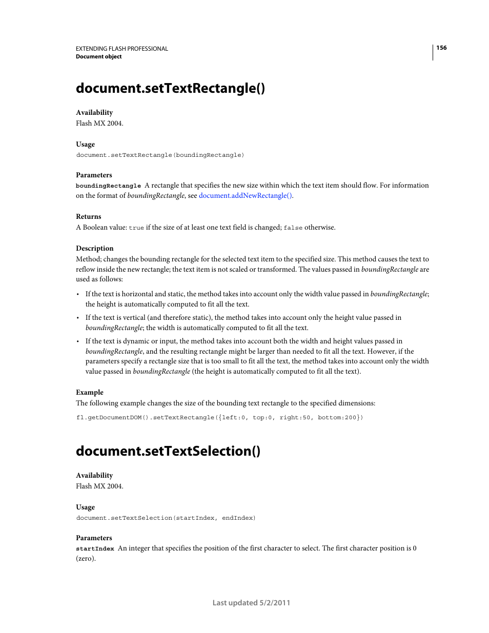 Document.settextrectangle(), Document.settextselection() | Adobe Extending Flash Professional CS5 User Manual | Page 178 / 565