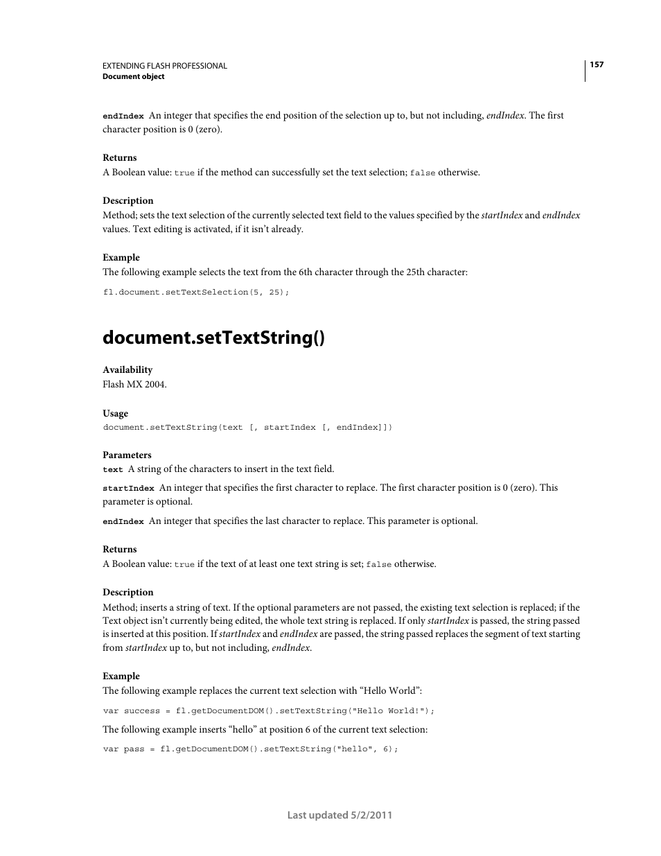 Document.settextstring() | Adobe Extending Flash Professional CS5 User Manual | Page 179 / 565