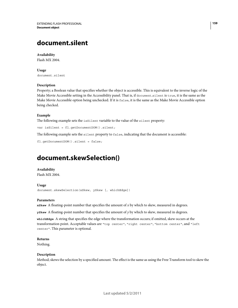 Document.silent, Document.skewselection() | Adobe Extending Flash Professional CS5 User Manual | Page 181 / 565