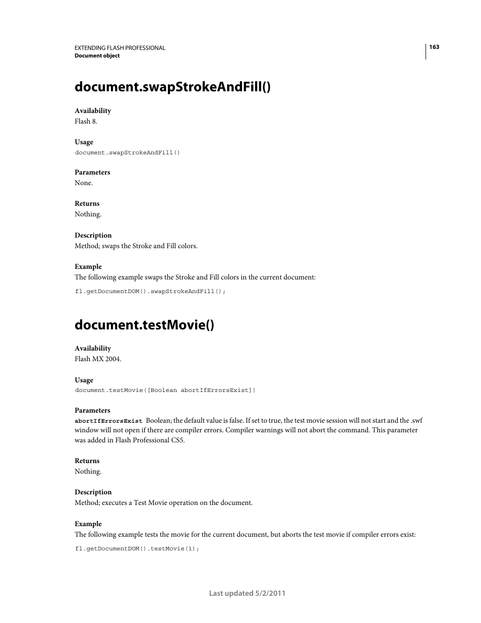 Document.swapstrokeandfill(), Document.testmovie(), If you can use the | Method successfully | Adobe Extending Flash Professional CS5 User Manual | Page 185 / 565