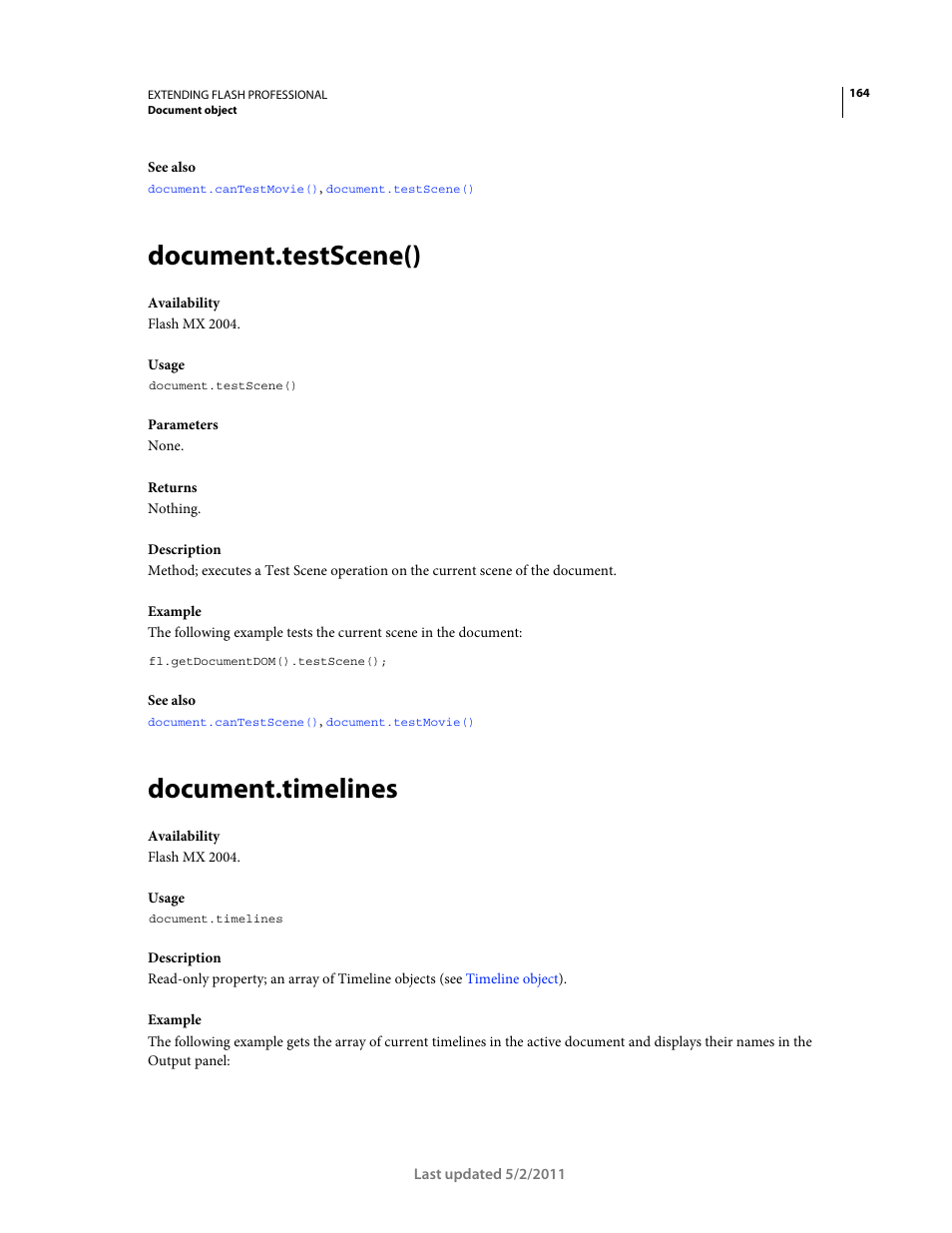 Document.testscene(), Document.timelines, Method successfully | Adobe Extending Flash Professional CS5 User Manual | Page 186 / 565