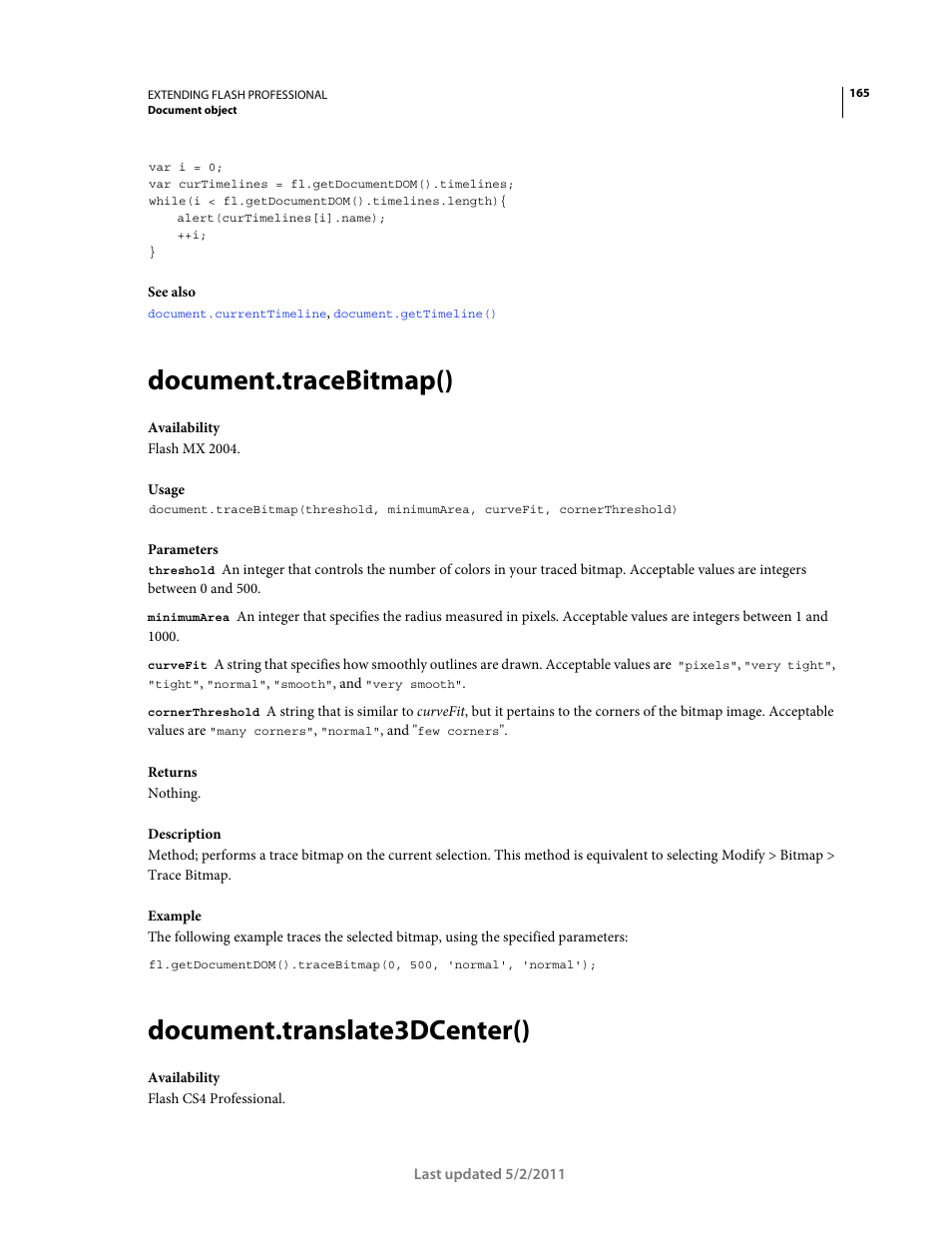 Document.tracebitmap(), Document.translate3dcenter() | Adobe Extending Flash Professional CS5 User Manual | Page 187 / 565