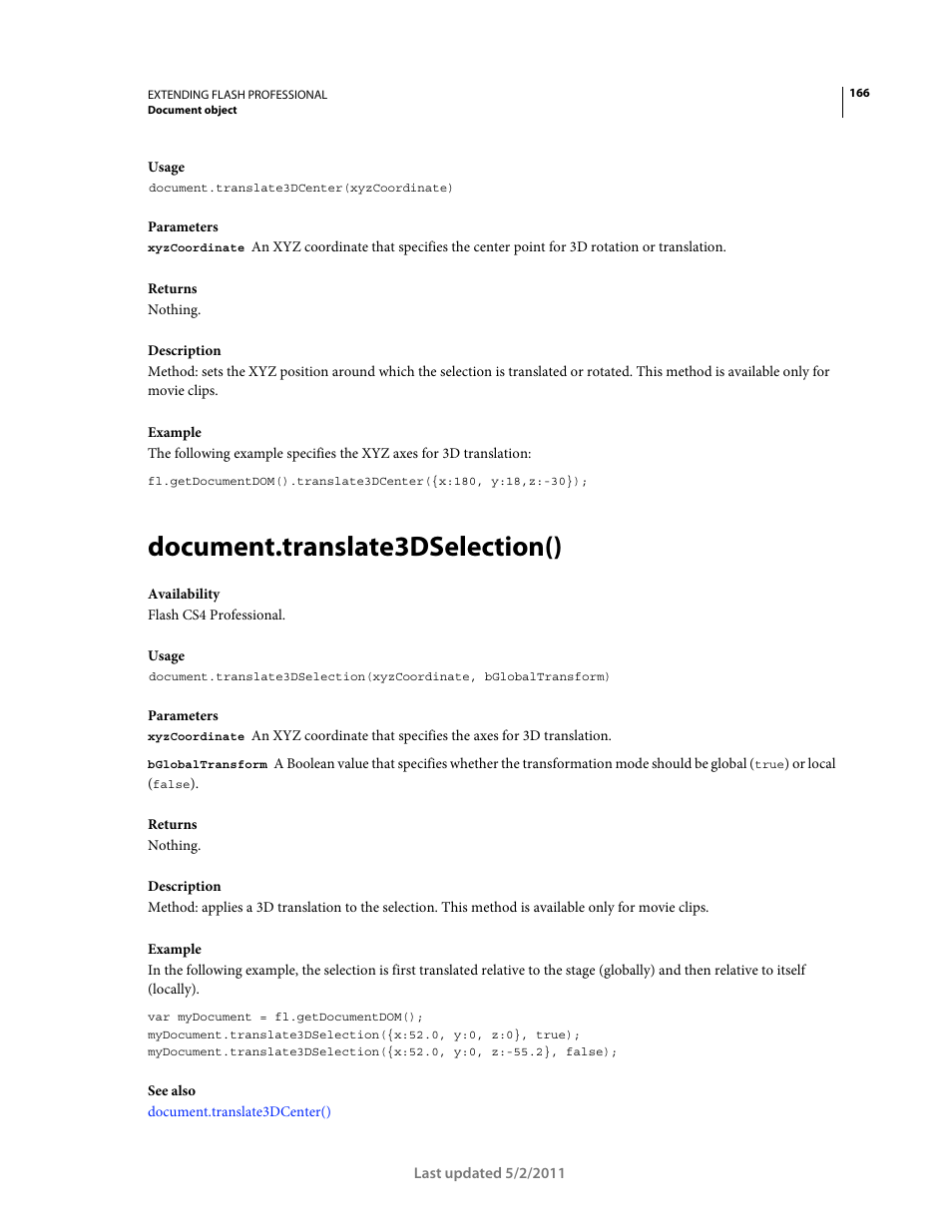 Document.translate3dselection() | Adobe Extending Flash Professional CS5 User Manual | Page 188 / 565