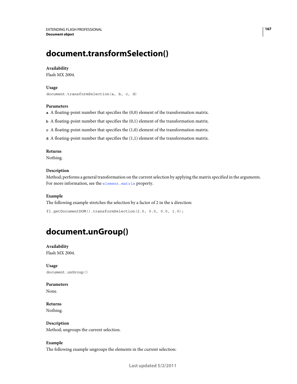 Document.transformselection(), Document.ungroup() | Adobe Extending Flash Professional CS5 User Manual | Page 189 / 565