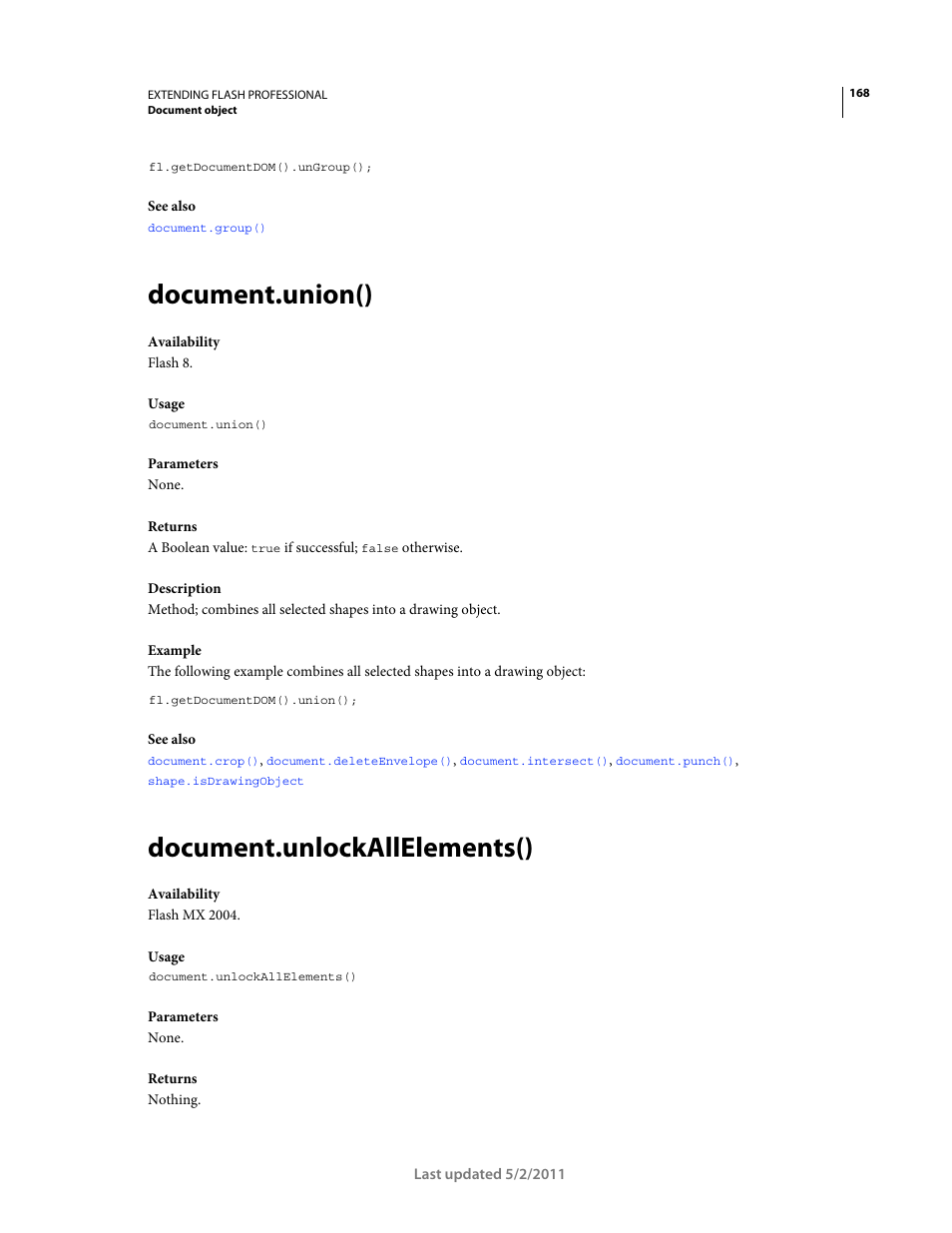 Document.union(), Document.unlockallelements() | Adobe Extending Flash Professional CS5 User Manual | Page 190 / 565