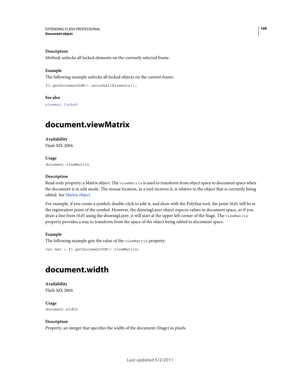 Document.viewmatrix, Document.width | Adobe Extending Flash Professional CS5 User Manual | Page 191 / 565