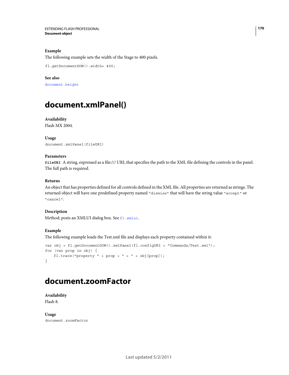 Document.xmlpanel(), Document.zoomfactor | Adobe Extending Flash Professional CS5 User Manual | Page 192 / 565