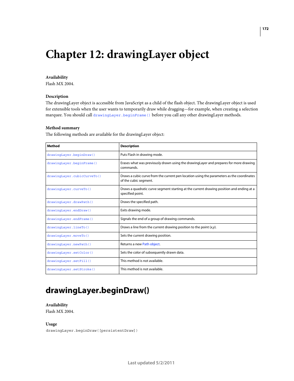 Chapter 12: drawinglayer object, Drawinglayer.begindraw() | Adobe Extending Flash Professional CS5 User Manual | Page 194 / 565