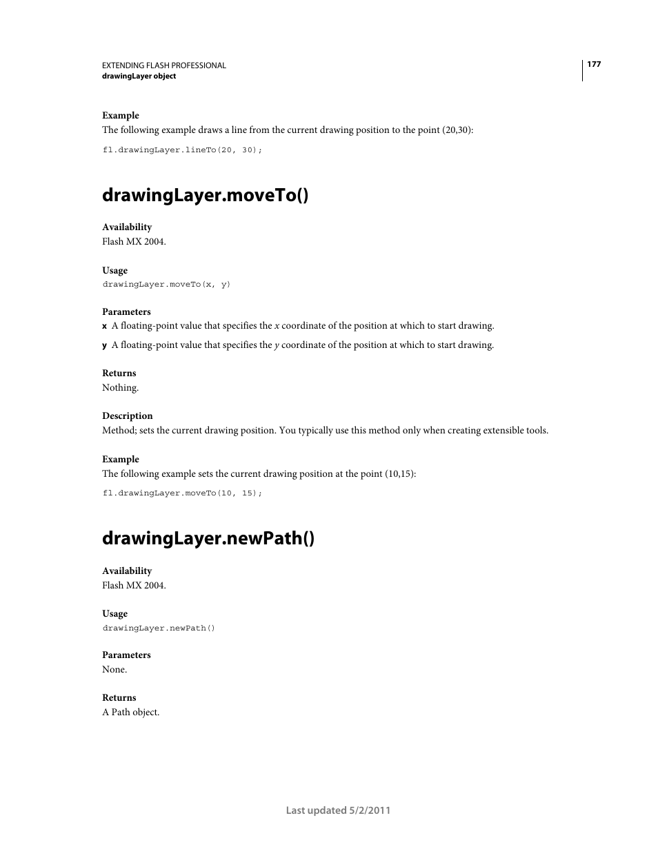 Drawinglayer.moveto(), Drawinglayer.newpath() | Adobe Extending Flash Professional CS5 User Manual | Page 199 / 565