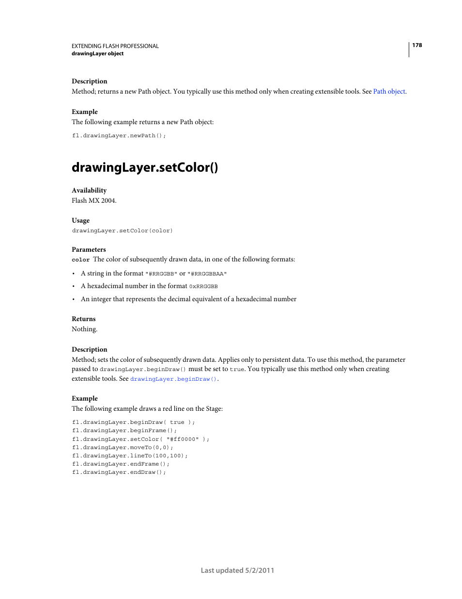 Drawinglayer.setcolor() | Adobe Extending Flash Professional CS5 User Manual | Page 200 / 565