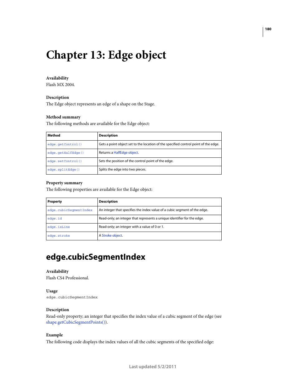 Chapter 13: edge object, Edge.cubicsegmentindex | Adobe Extending Flash Professional CS5 User Manual | Page 202 / 565