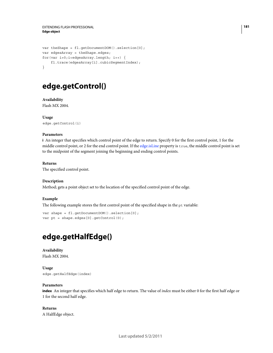 Edge.getcontrol(), Edge.gethalfedge() | Adobe Extending Flash Professional CS5 User Manual | Page 203 / 565