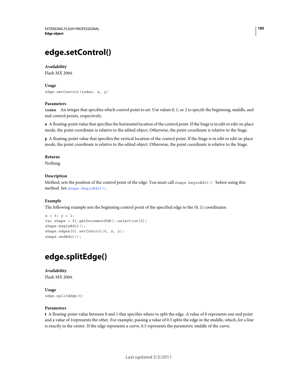 Edge.setcontrol(), Edge.splitedge() | Adobe Extending Flash Professional CS5 User Manual | Page 205 / 565