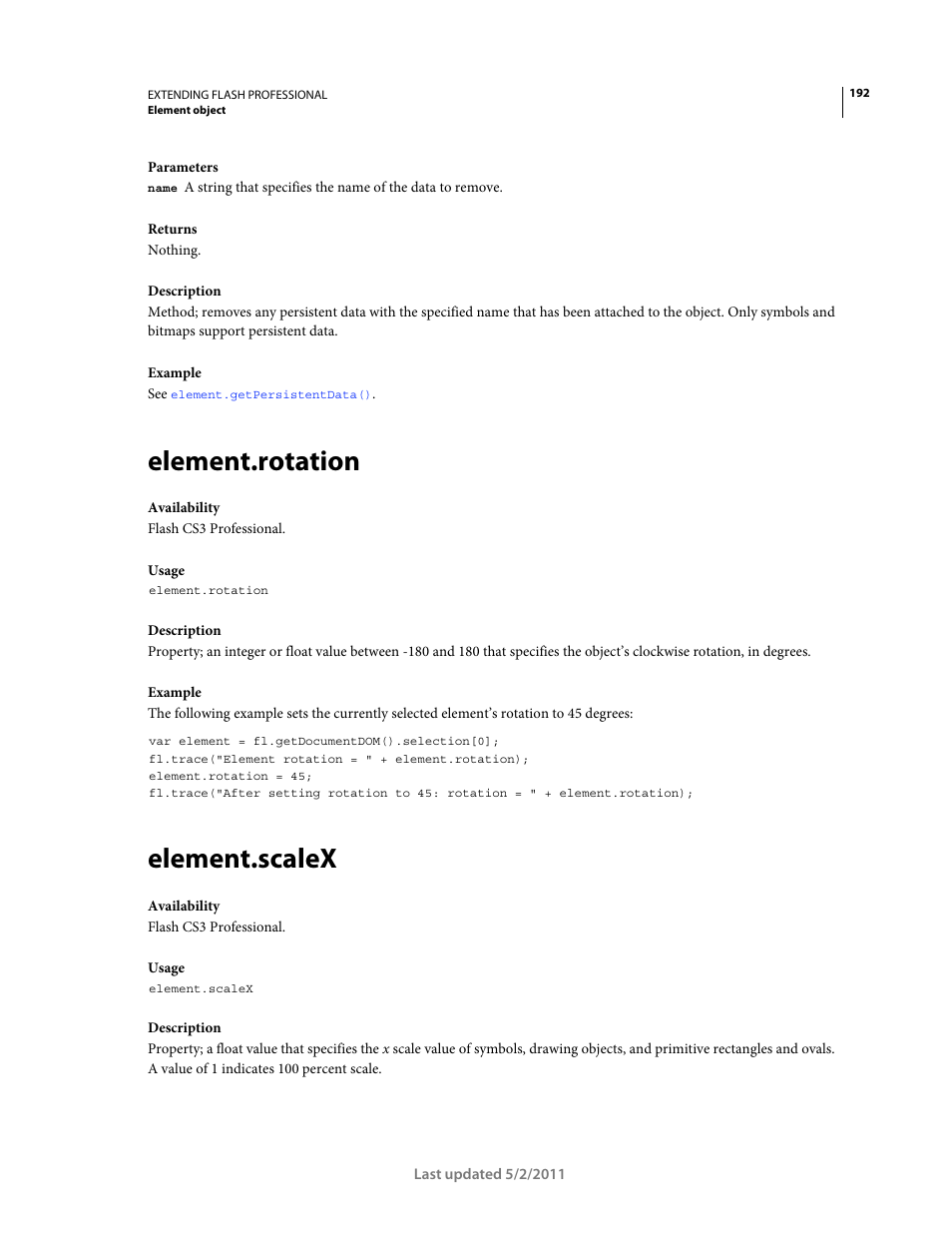 Element.rotation, Element.scalex | Adobe Extending Flash Professional CS5 User Manual | Page 214 / 565