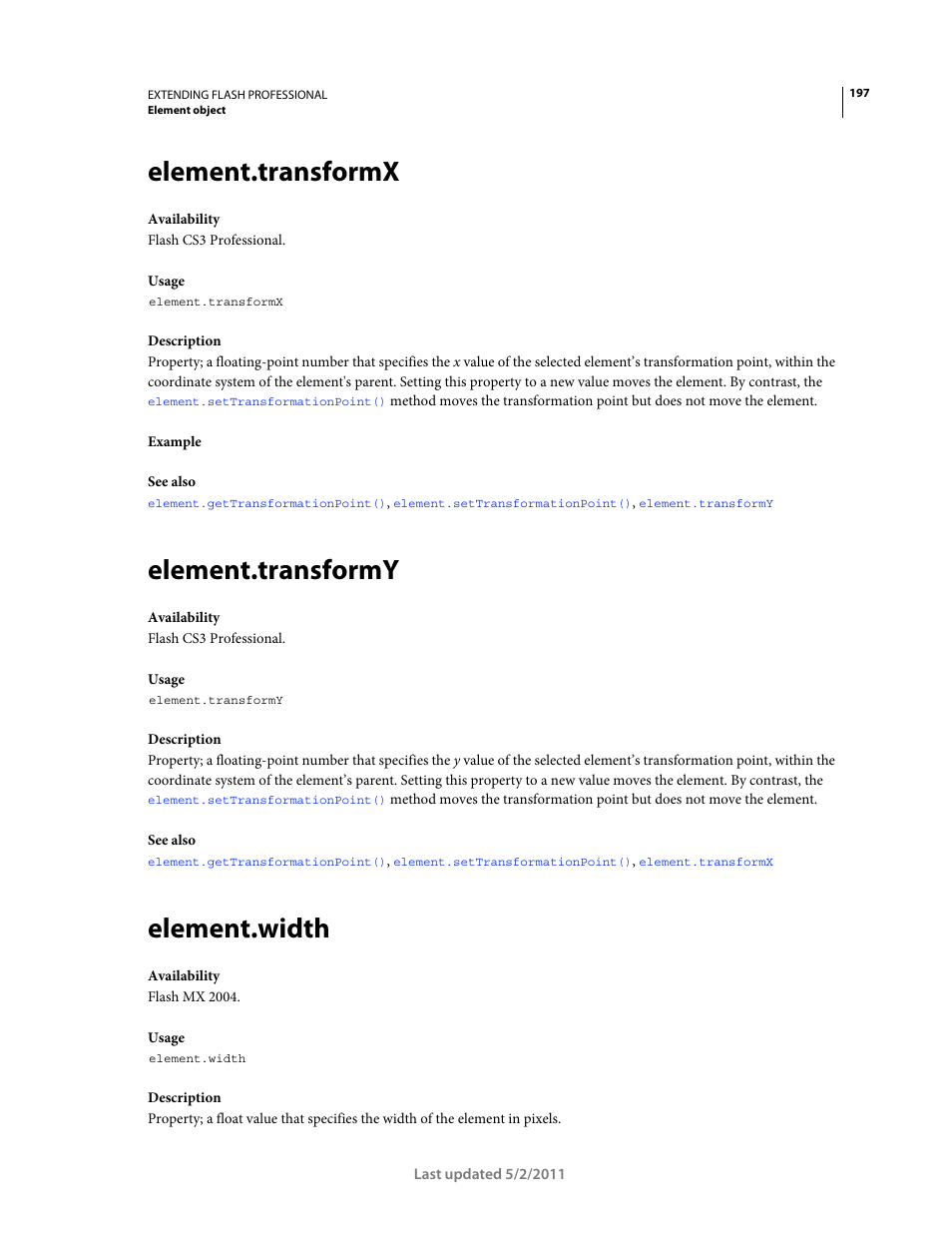 Element.transformx, Element.transformy, Element.width | Adobe Extending Flash Professional CS5 User Manual | Page 219 / 565