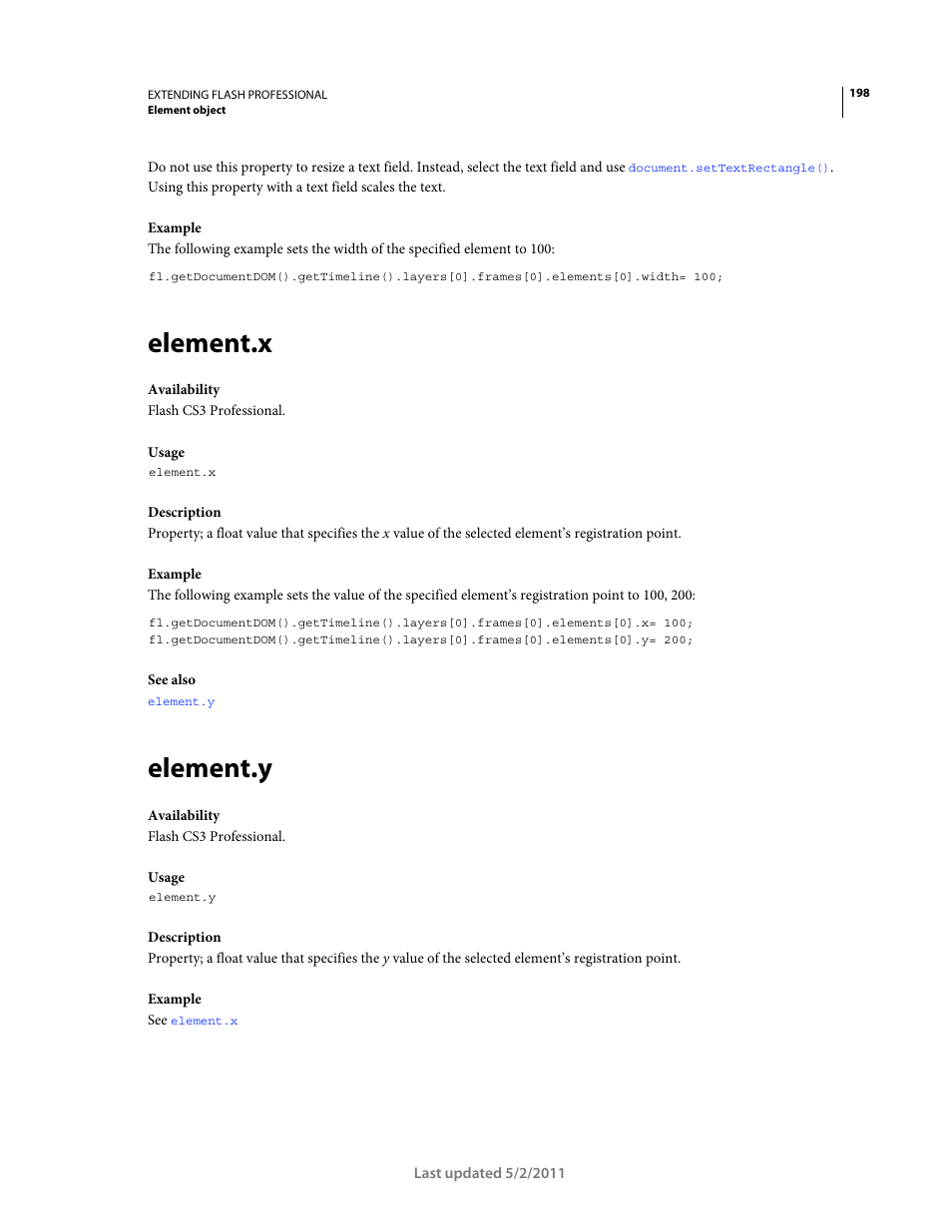 Element.x, Element.y | Adobe Extending Flash Professional CS5 User Manual | Page 220 / 565
