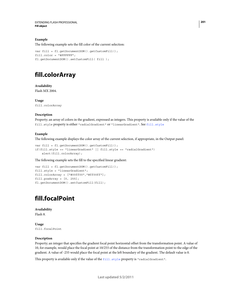 Fill.colorarray, Fill.focalpoint | Adobe Extending Flash Professional CS5 User Manual | Page 223 / 565