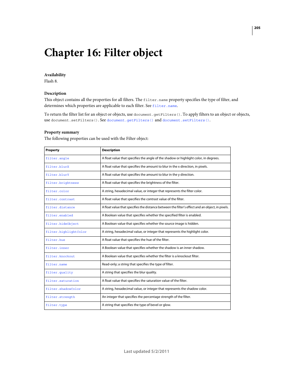 Chapter 16: filter object, Filter object, Filter | Object | Adobe Extending Flash Professional CS5 User Manual | Page 227 / 565