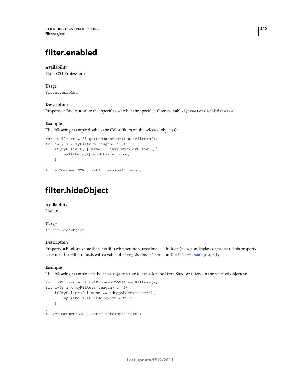 Filter.enabled, Filter.hideobject | Adobe Extending Flash Professional CS5 User Manual | Page 232 / 565