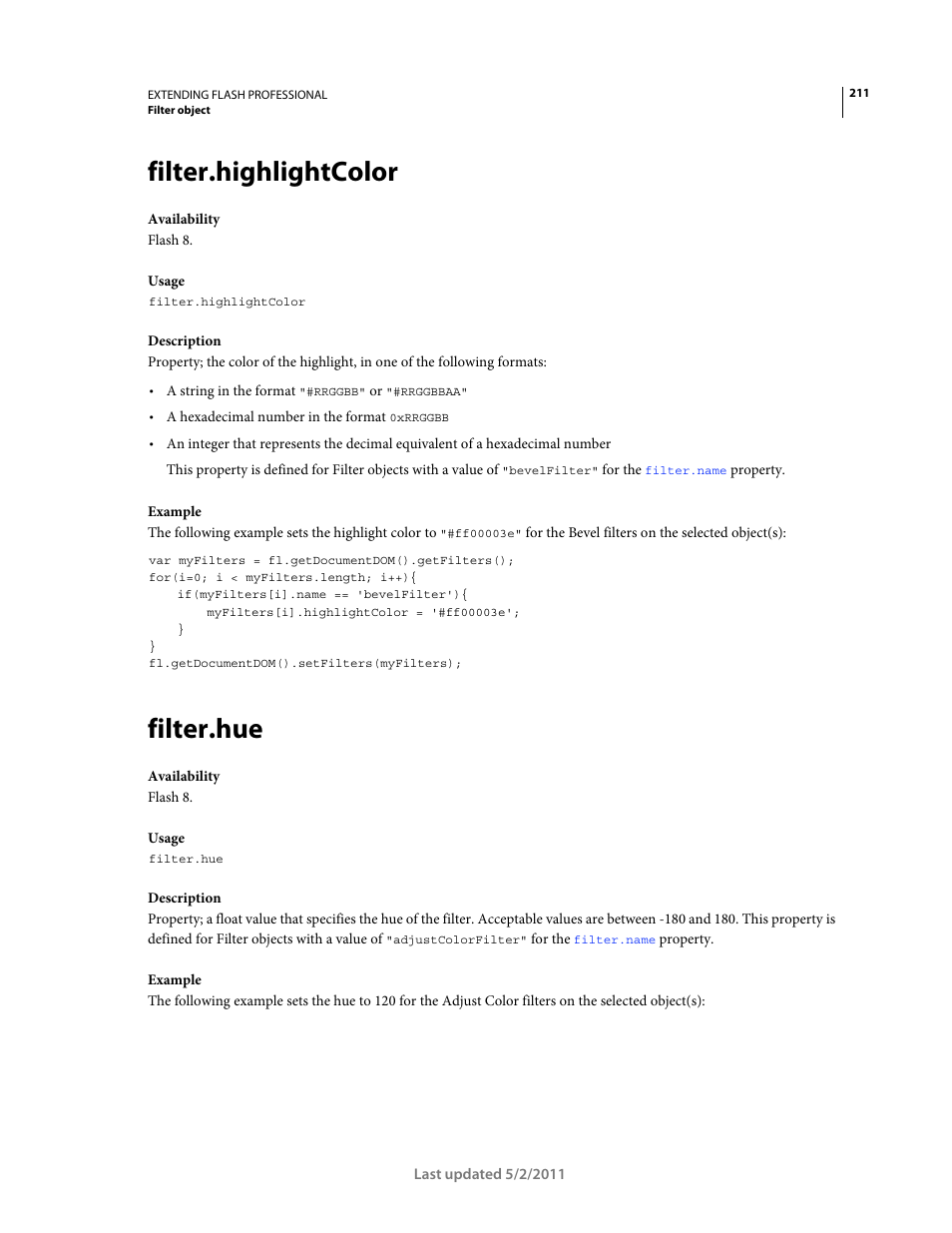 Filter.highlightcolor, Filter.hue | Adobe Extending Flash Professional CS5 User Manual | Page 233 / 565