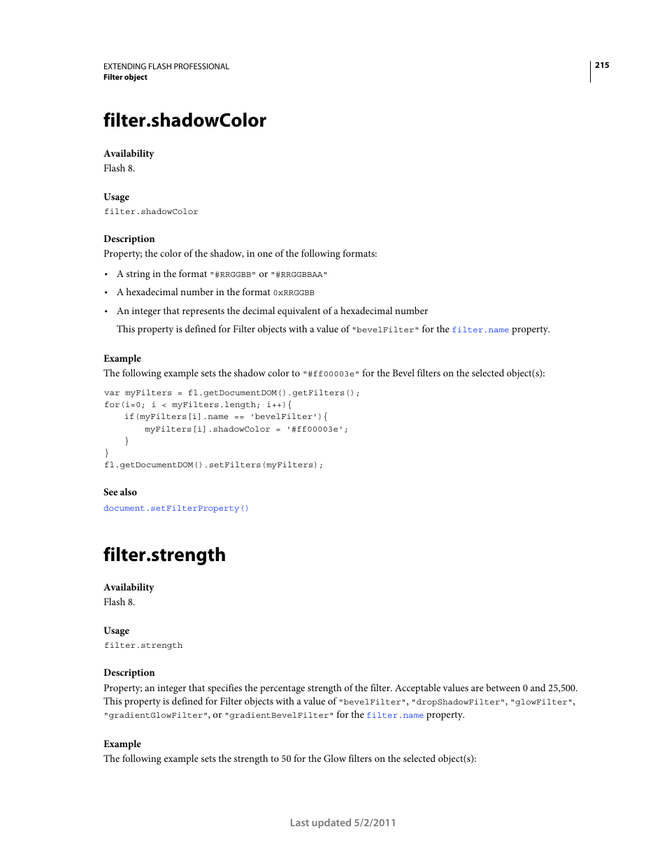 Filter.shadowcolor, Filter.strength | Adobe Extending Flash Professional CS5 User Manual | Page 237 / 565