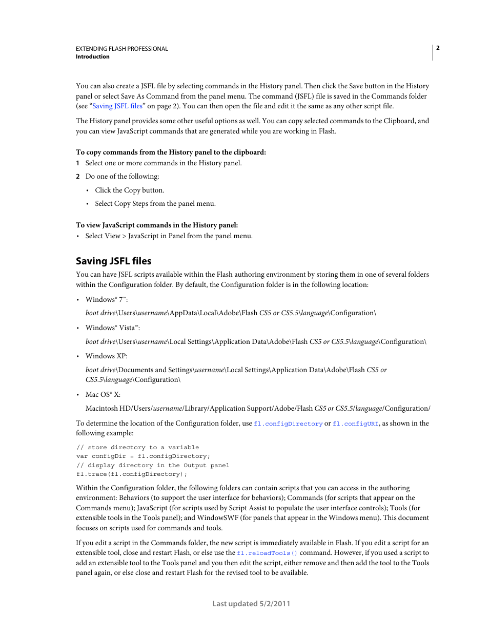 Saving jsfl files | Adobe Extending Flash Professional CS5 User Manual | Page 24 / 565
