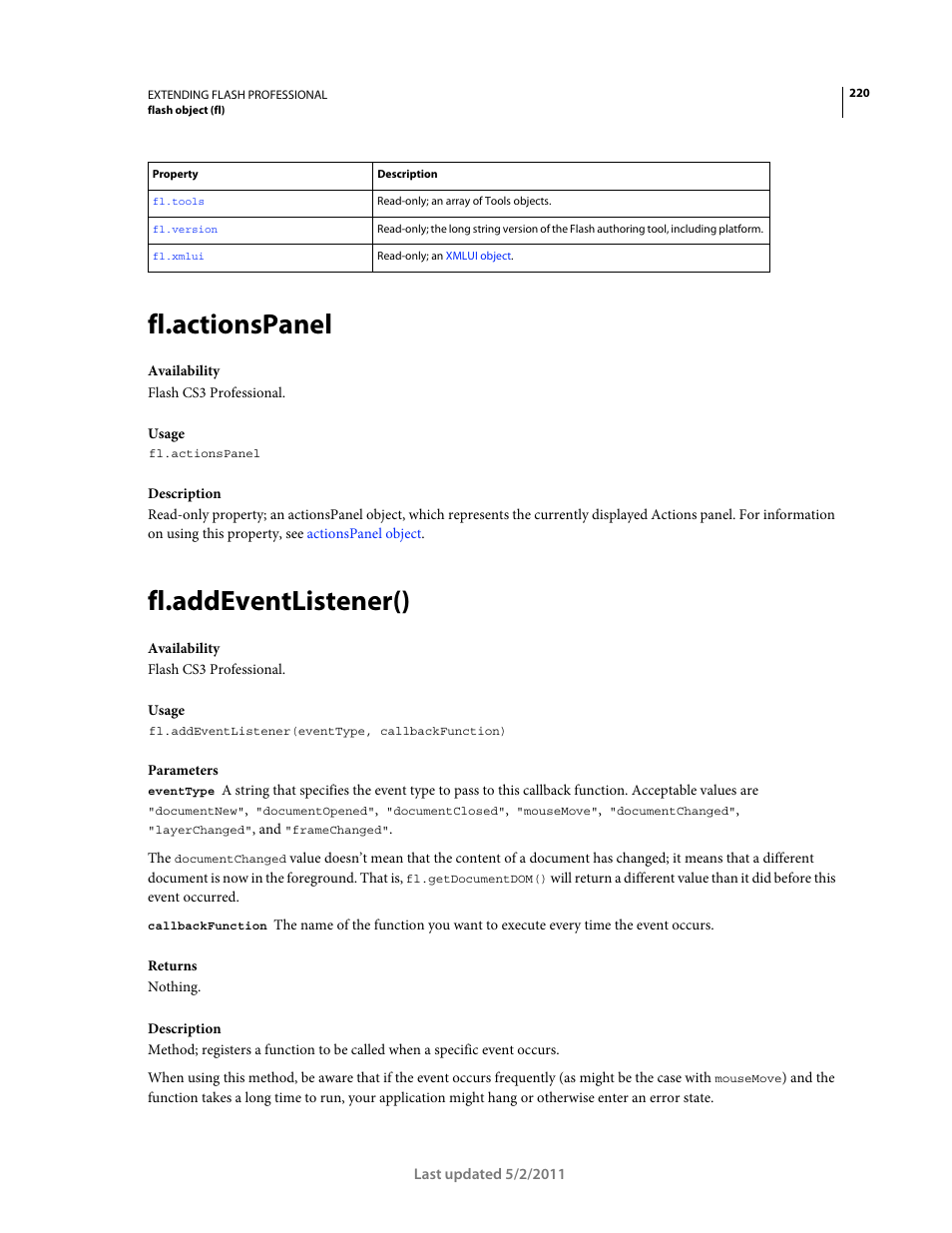 Fl.actionspanel, Fl.addeventlistener() | Adobe Extending Flash Professional CS5 User Manual | Page 242 / 565