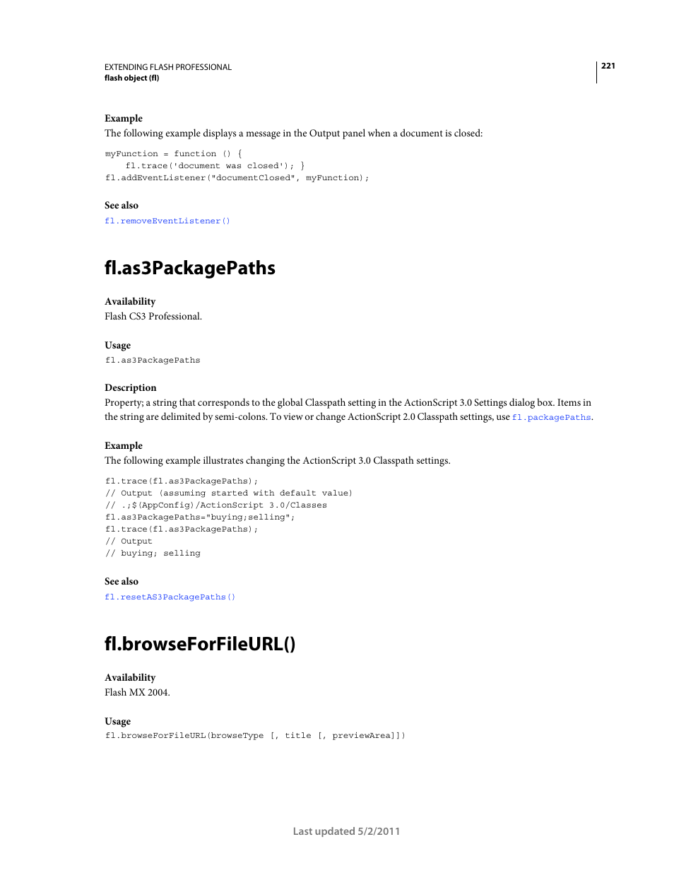 Fl.as3packagepaths, Fl.browseforfileurl() | Adobe Extending Flash Professional CS5 User Manual | Page 243 / 565