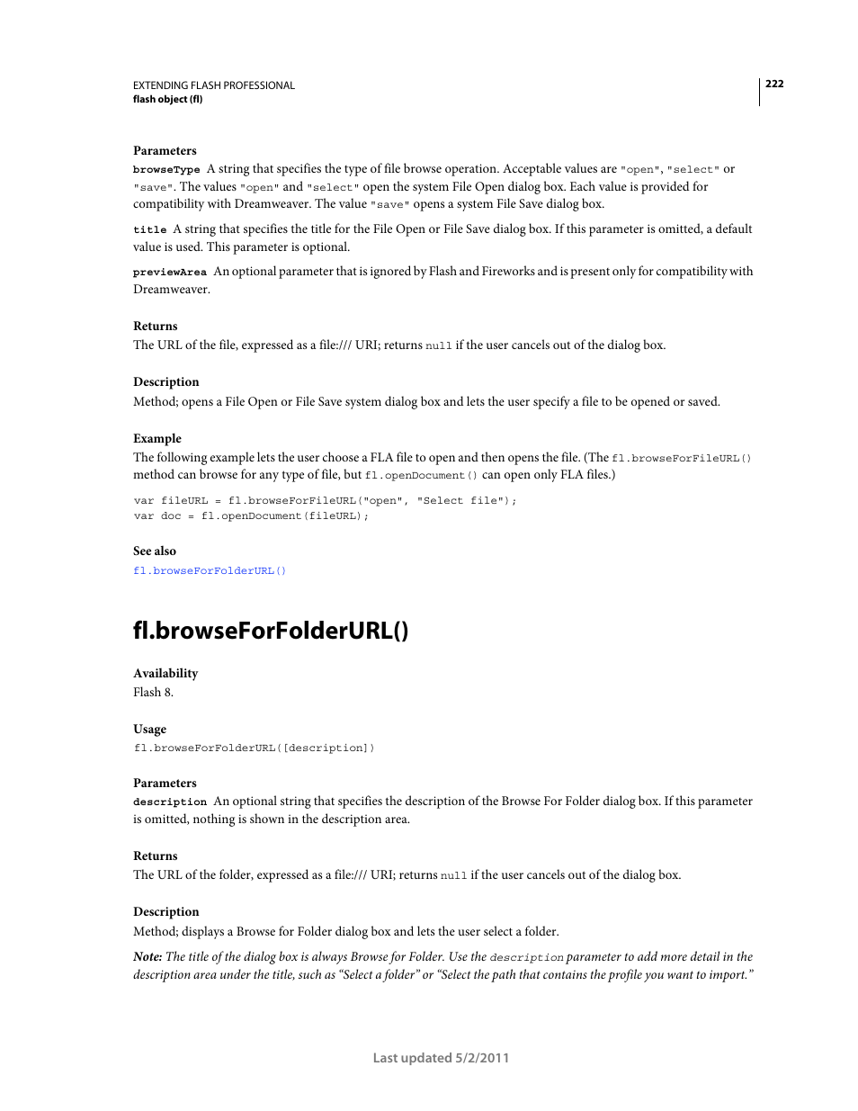 Fl.browseforfolderurl() | Adobe Extending Flash Professional CS5 User Manual | Page 244 / 565