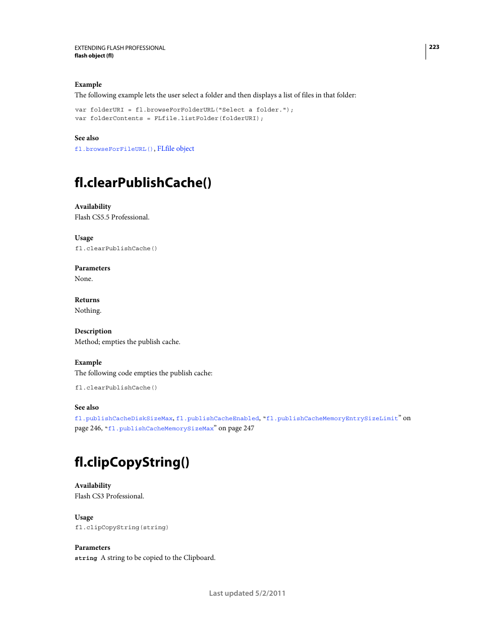 Fl.clearpublishcache(), Fl.clipcopystring() | Adobe Extending Flash Professional CS5 User Manual | Page 245 / 565