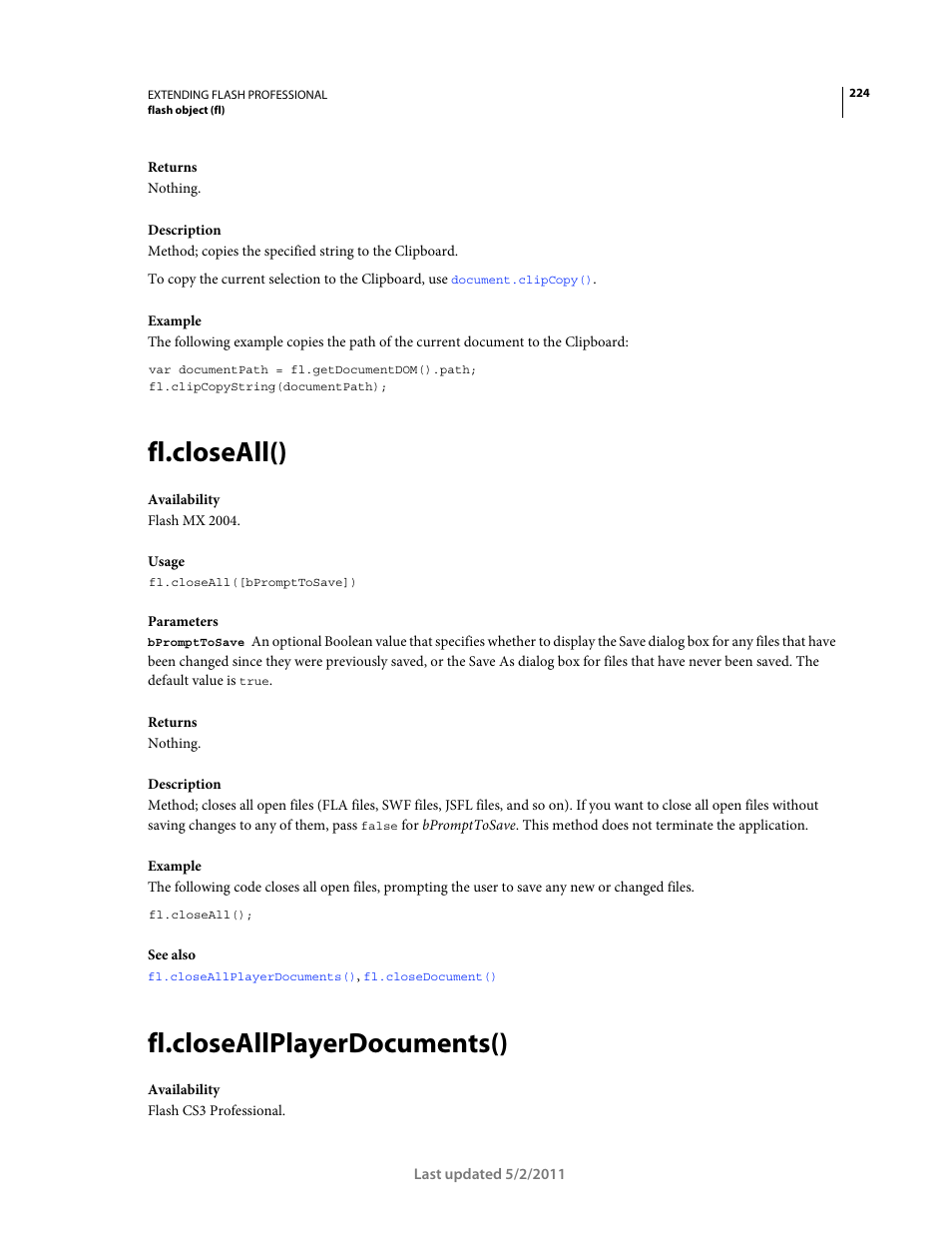 Fl.closeall(), Fl.closeallplayerdocuments() | Adobe Extending Flash Professional CS5 User Manual | Page 246 / 565