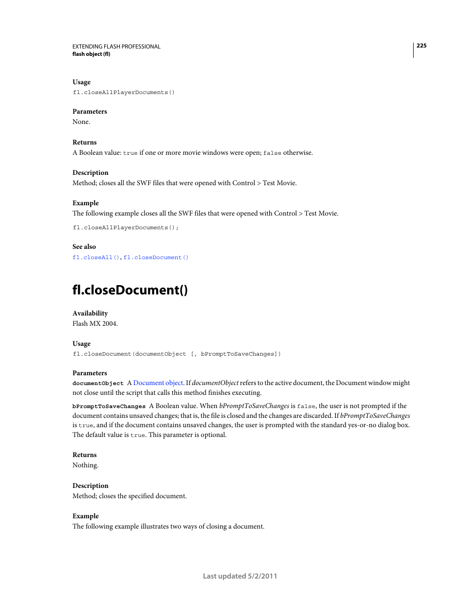 Fl.closedocument() | Adobe Extending Flash Professional CS5 User Manual | Page 247 / 565