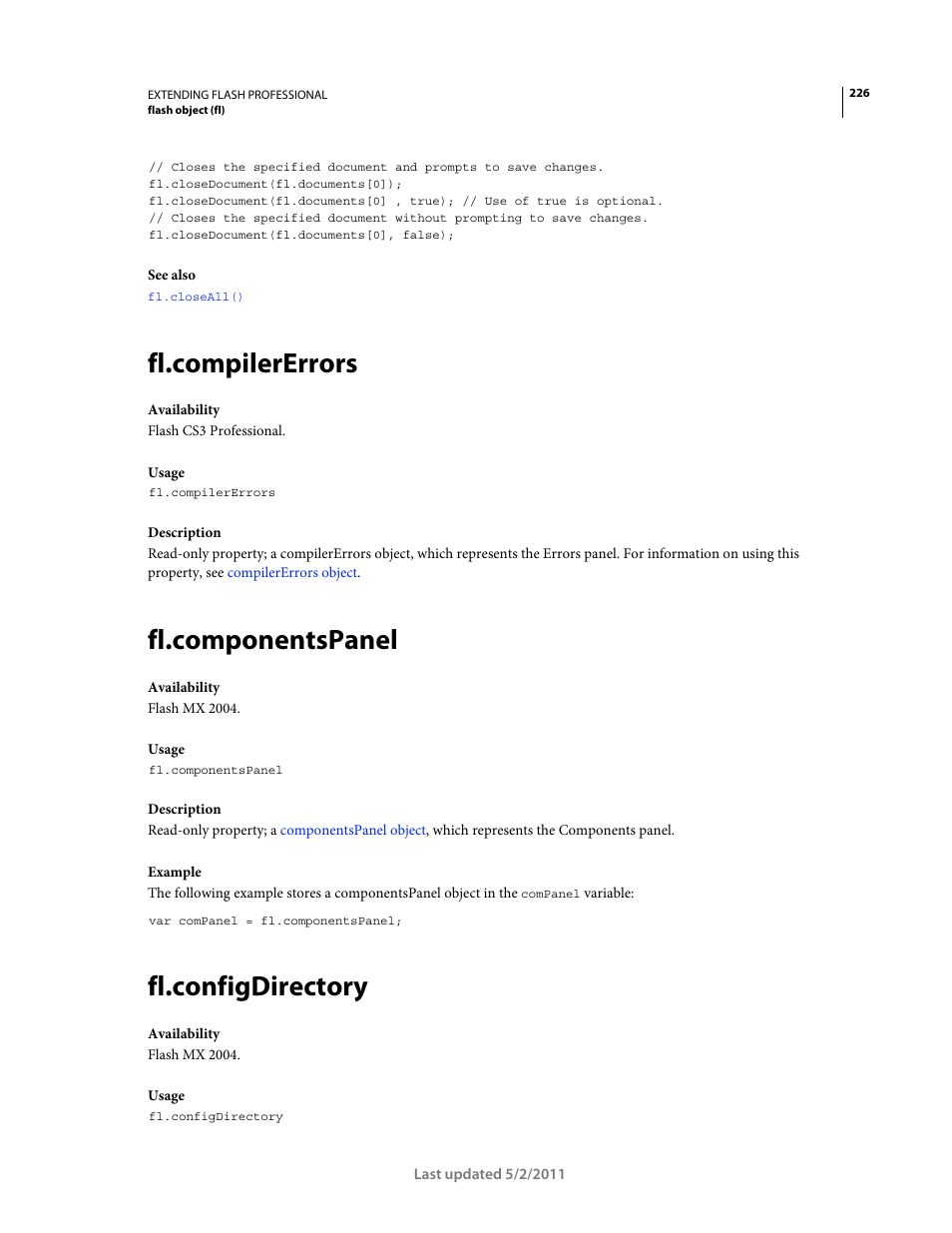 Fl.compilererrors, Fl.componentspanel, Fl.configdirectory | Adobe Extending Flash Professional CS5 User Manual | Page 248 / 565