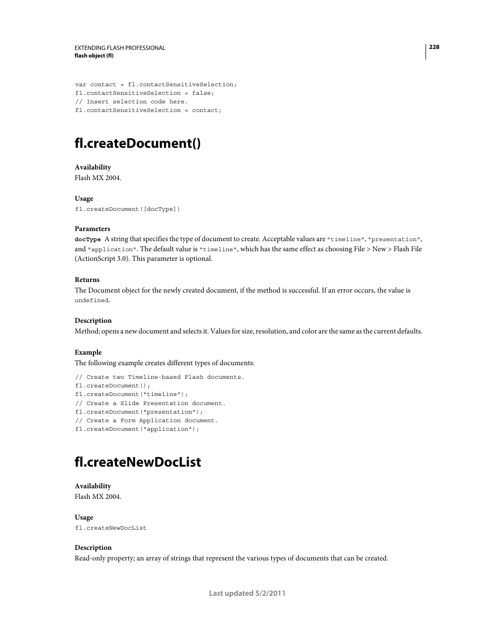 Fl.createdocument(), Fl.createnewdoclist | Adobe Extending Flash Professional CS5 User Manual | Page 250 / 565