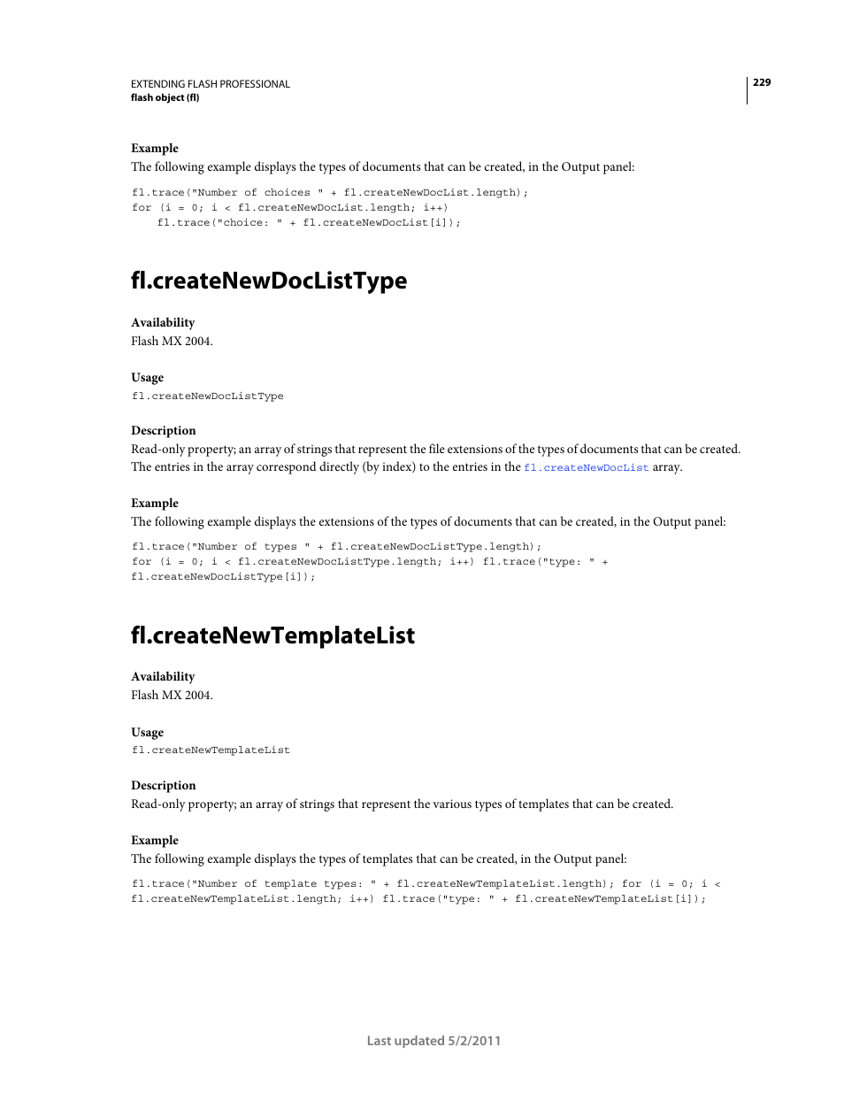 Fl.createnewdoclisttype, Fl.createnewtemplatelist | Adobe Extending Flash Professional CS5 User Manual | Page 251 / 565