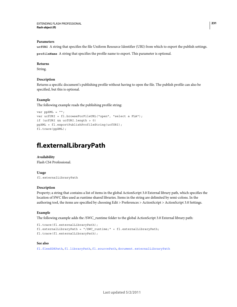 Fl.externallibrarypath | Adobe Extending Flash Professional CS5 User Manual | Page 253 / 565