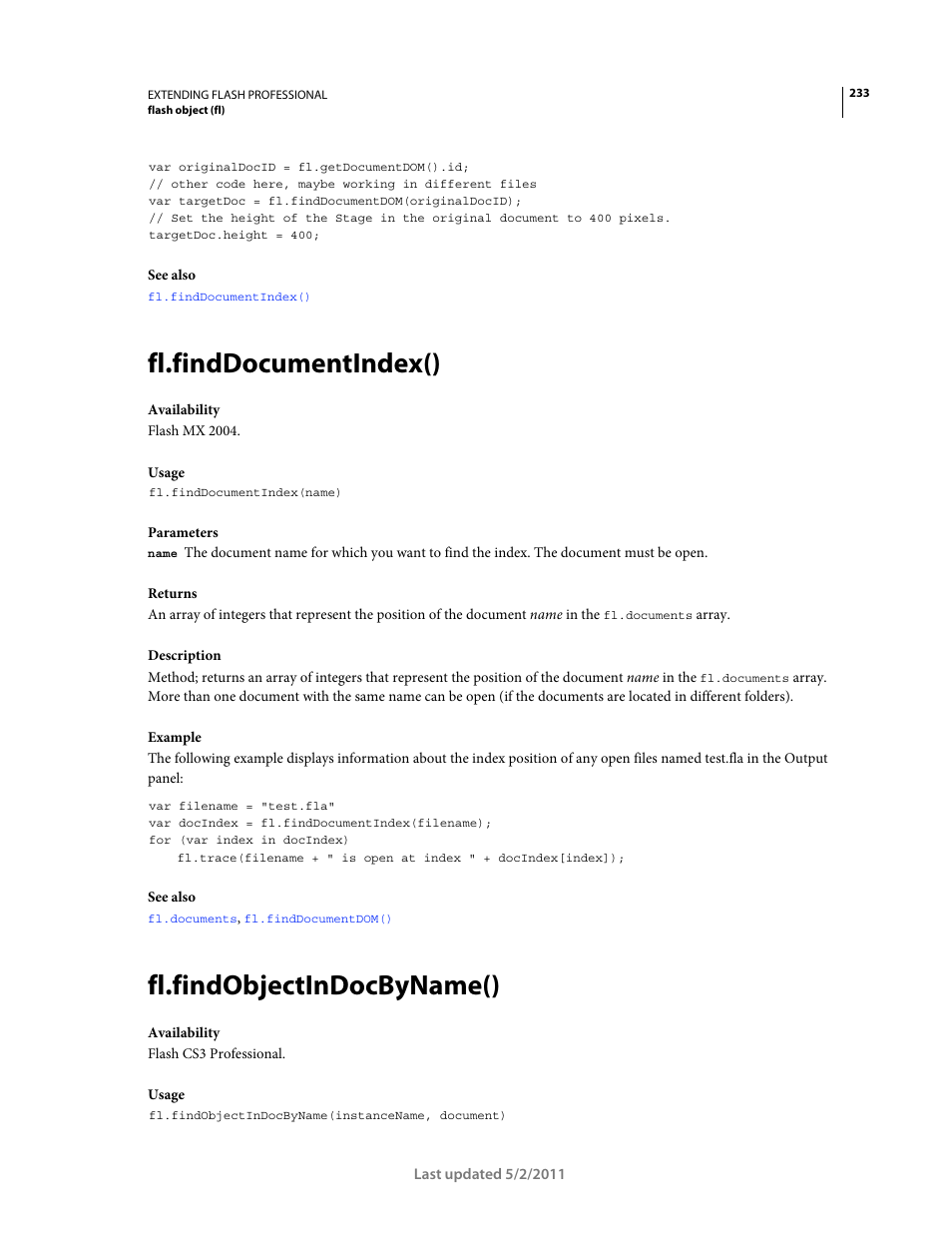 Fl.finddocumentindex(), Fl.findobjectindocbyname() | Adobe Extending Flash Professional CS5 User Manual | Page 255 / 565