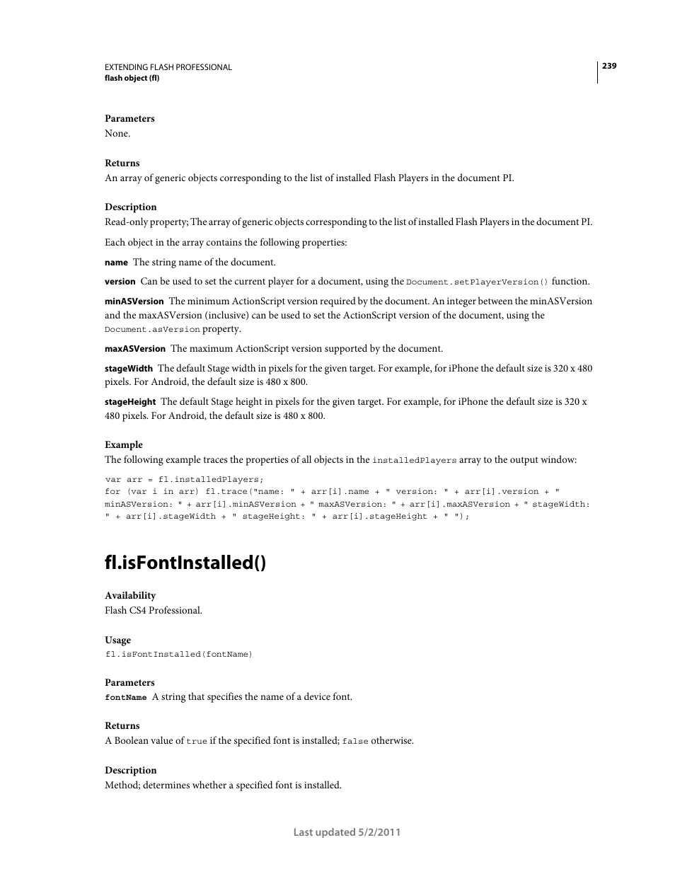 Fl.isfontinstalled() | Adobe Extending Flash Professional CS5 User Manual | Page 261 / 565