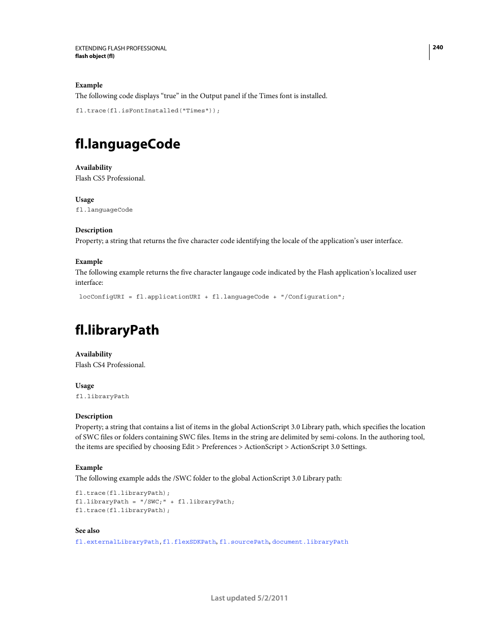Fl.languagecode, Fl.librarypath | Adobe Extending Flash Professional CS5 User Manual | Page 262 / 565